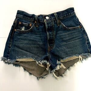 Levi's Dark Blue Frayed Jean Shorts. 501 Button up